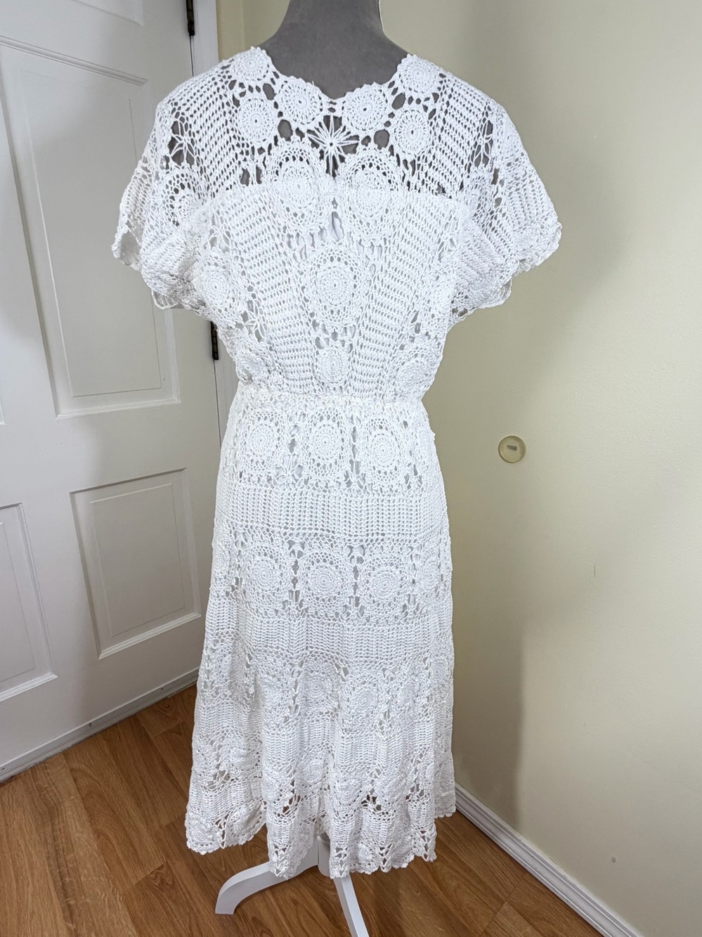 Vintage 70s White Hand Crochet Dress M Midi Cotton Sundress Prairie Boho Bridal - Picture 10 of 16